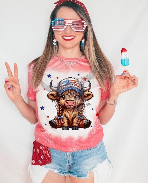 All AMERICAN GIRL HIGHLAND COW  -Bleached T-shirt