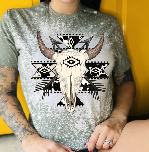 Cow Print Aztec Bleached T-Shirt